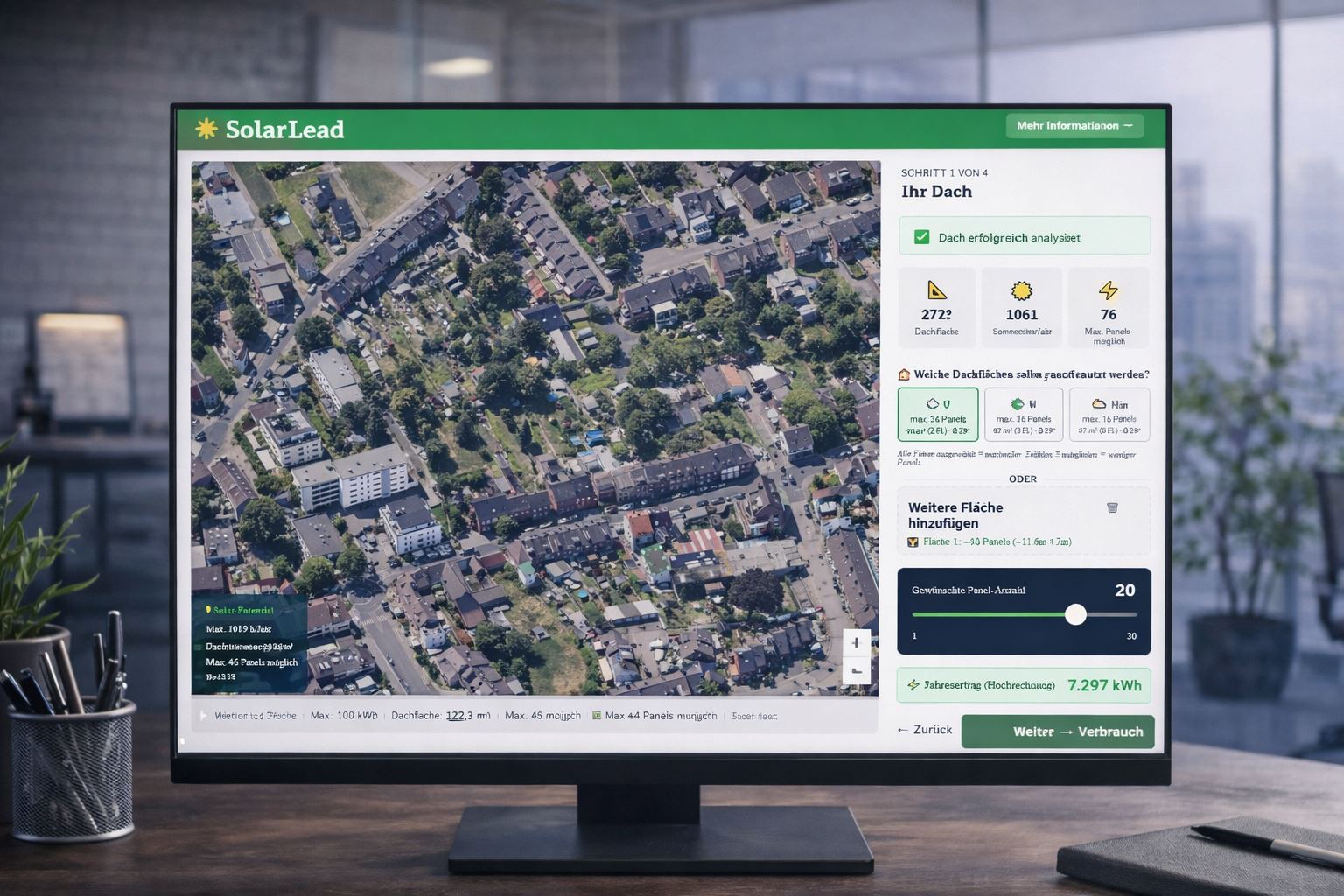 SolarLead im Einsatz, Visualisierung des Solar-Rechners auf einem Monitor