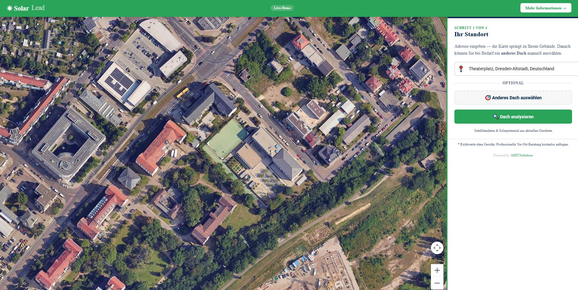 SolarLead Live-Demo: Adresse eingeben, echte Satellitenkarte lädt automatisch